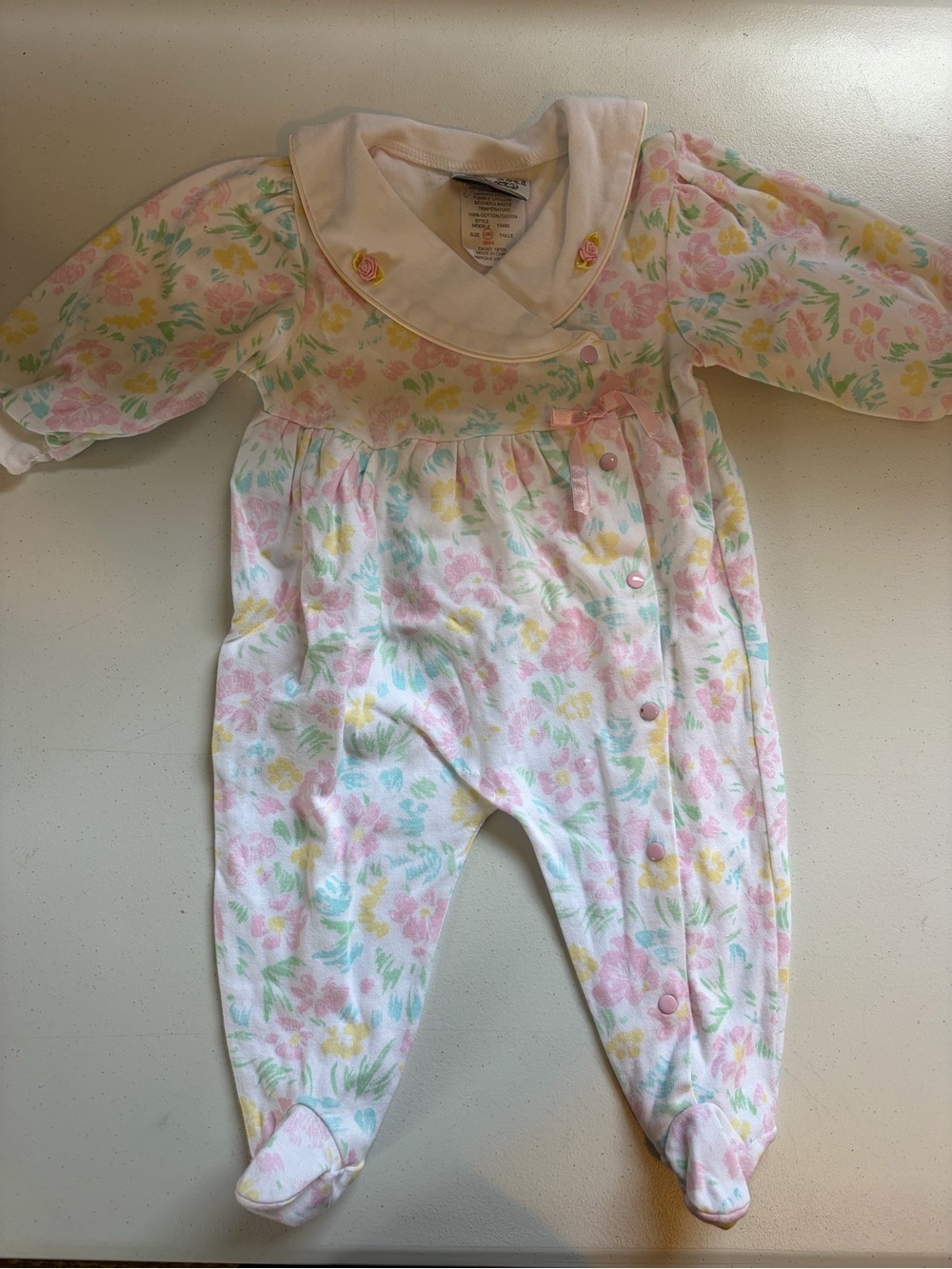Vintage Baby Girl Floral Footed Sleeper Pink Pastel Snap 18 months Cottagecore